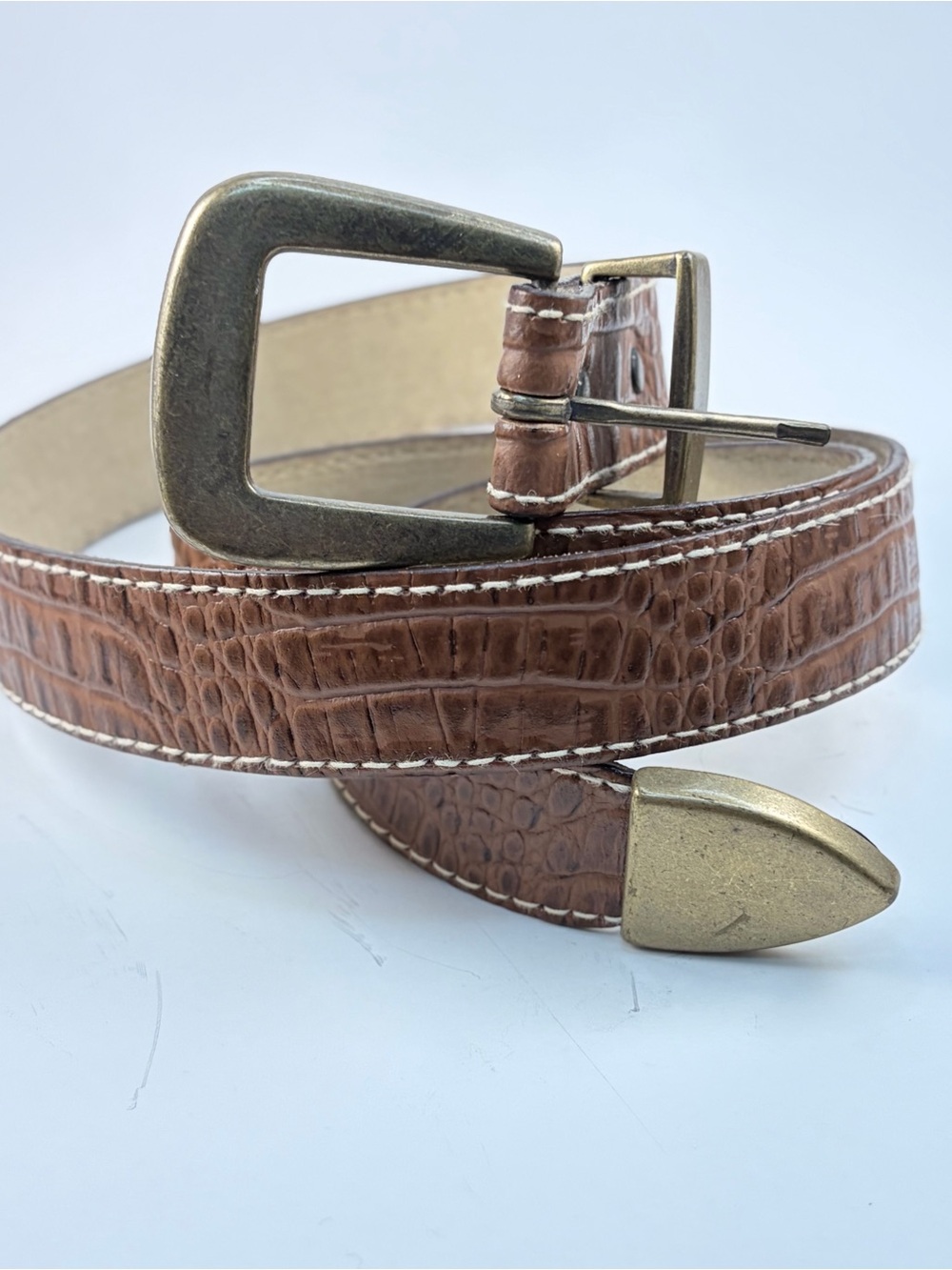 Vintage Brown Faux Crocodile Alligator Leather Belt Brass Buckle Tip Size 12 USA